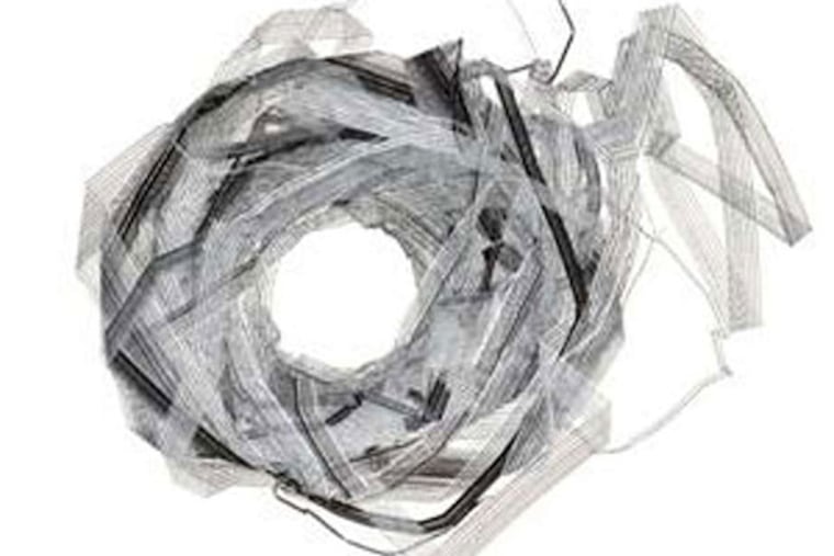 Jill Baroff's "New York Riff 5" (2014), ink on Japanese gampi mounted on cotton rag paper, at Gallery Joe.