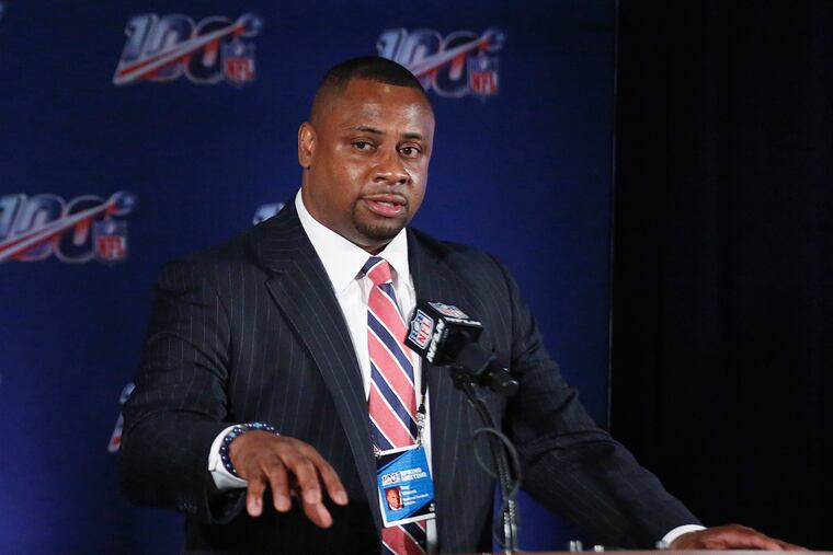 FILE - In this May 22, 2019, file photo, NFL vice president Troy Vincent speaks to the media during an owners meetings in Key Biscayne, Fla. Vincent has sent a letter to several prospects inviting them to participate “live” in the NFL draft in three weeks.