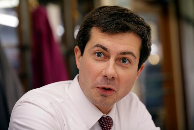 Mayor Pete Buttigieg talks with an AP reporter at Farmers Market in South Bend, Ind., earlier this month.
