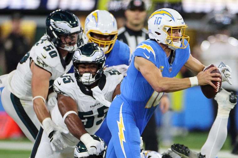 The Eagles harassed Chargers quarterback Justin Herbert all night but could not make a game-ending stop on a night when Jalen Hurts and the offense helped them little.