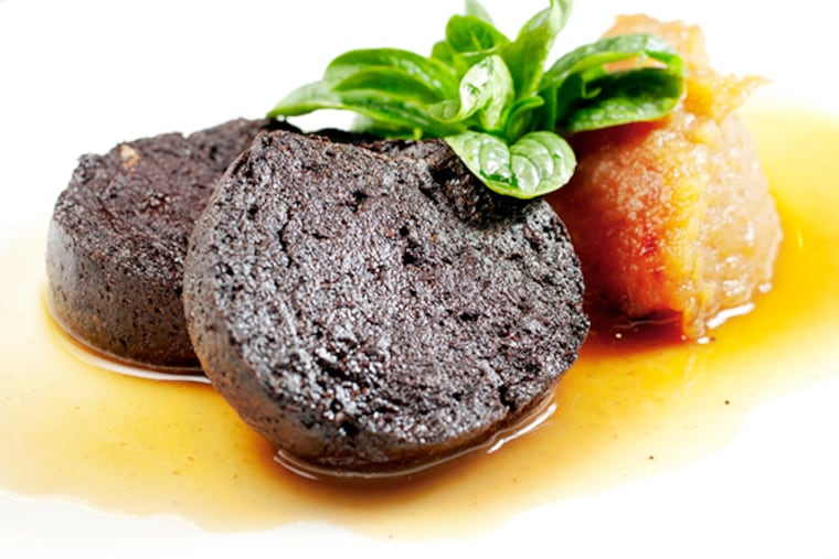 Boudin noir with pork blood sausage, pink lady apple compote and sherry vinegar sauce as served at Le Cheri, at the Art Alliance.
