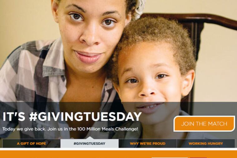 This is a graphic used by Feeding America, the largest anti-hunger charity in the United States. It has been sent to food banks throughout America to emphasize giving on Giving Tuesday.