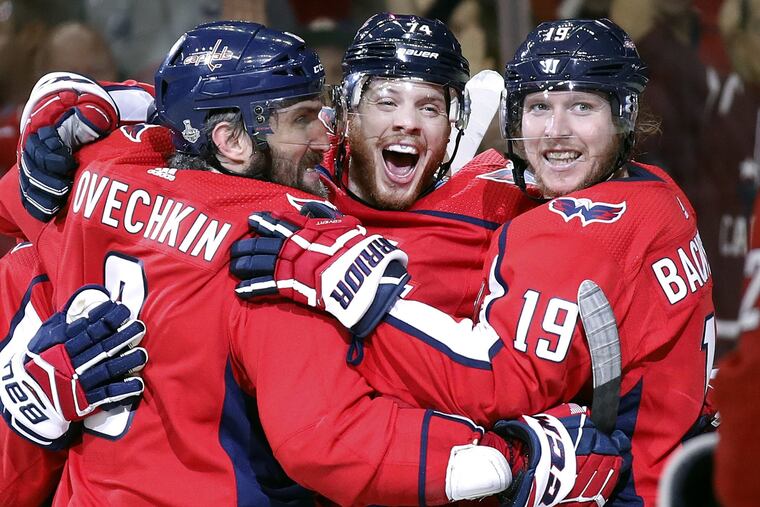 Capitals players celebrate during game 4 of the Stanley Cup Finals.