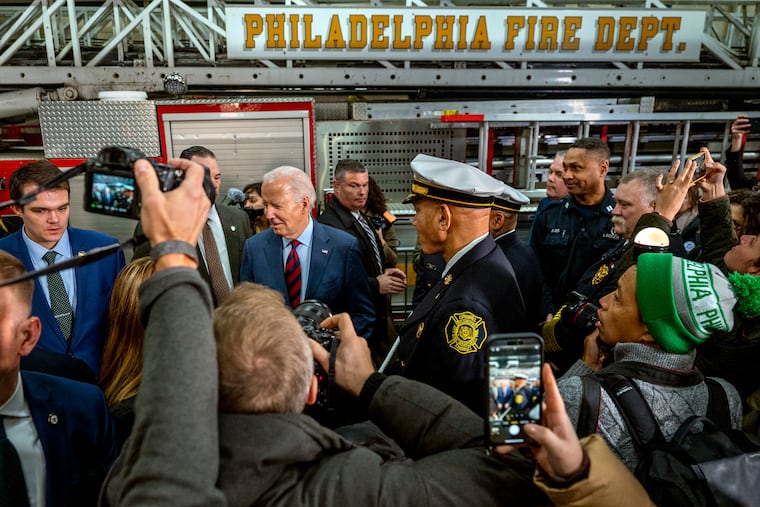 President Biden meets with Philadelphia firefighters from Engine 6, Ladder 1, and Ladder 11 after he thanked them for their service to the city.