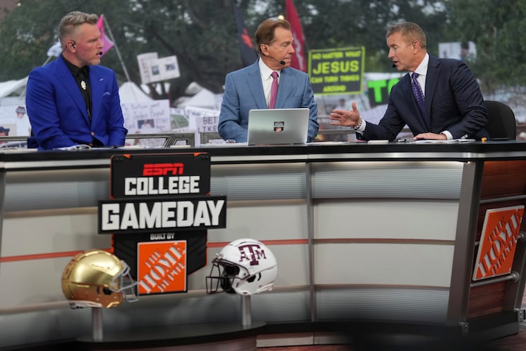 From left, Pat McAfee, Nick Saban, and Kirk Herbstreit talk on the set of ESPN College Gameday in August 2024. ESPN is among the Disney channels that have been pulled from YouTube TV.