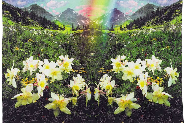 Virgil Marti's "Untitled (Mountain Meadow)" is one of three large canvas-and-crushed velvet quilts with printed digital images from 2001. They are part of the installation "Forest Park," recalling the artist's St. Louis youth, at Locks Gallery through Oct. 18.