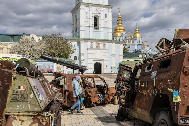 Destroyed Russian military equipment, missile parts and damaged vehicles in St. Michael's Square in Kyiv on April 24.