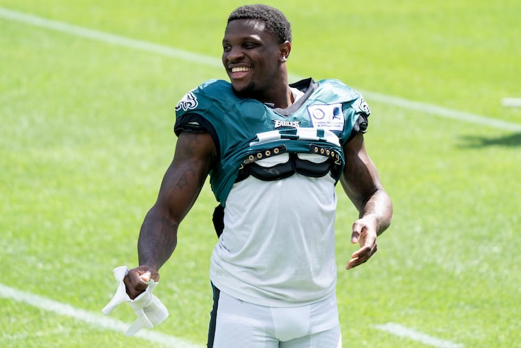 Jalen Reagor practicing Sunday before he fell awkwardly and injured his left shoulder.