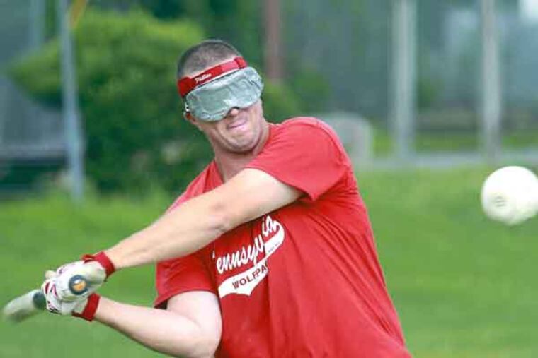 Scott Hogwood of PA Wolfpack team is batting at 1st inning. PA Wolfpack is playing against New Jersey Lightning at Crows Wood Field in Haddonfield, NJ.
July 13, 2013( AKIRA SUWA / Staff Photographer )
Three teams of blind baseball players take to the fields in Haddonfield.