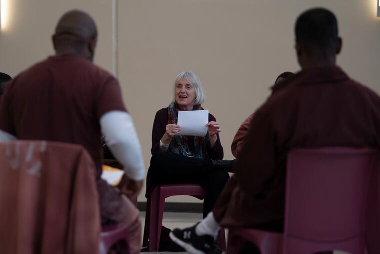 Sharon Browning talks to inmates at the SCI Phoenix Prison in Collegeville, Pa.Thursday, October 17, 2019.