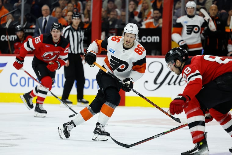 Flyers left wing Joel Farabee passes the puck against the New Jersey Devils on April 13.