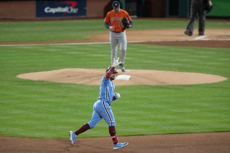 Phillies outfielder Kyle Schwarber runs the bases after hitting a solo home run during Game 5 of the World Series.