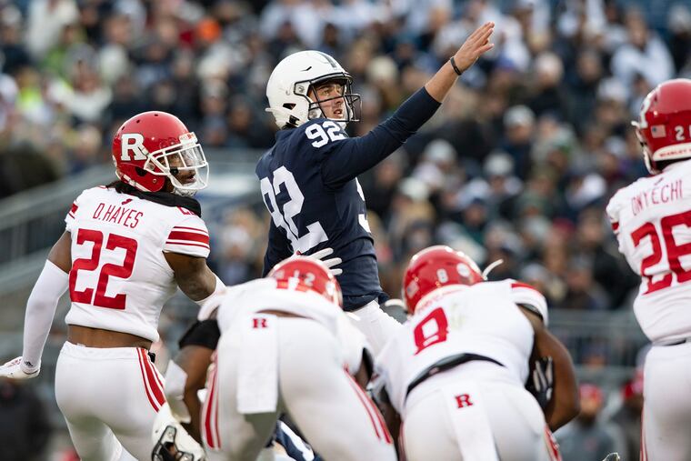 Penn State kicker Jake Pinegar watching a kick against Rutgers last November.
