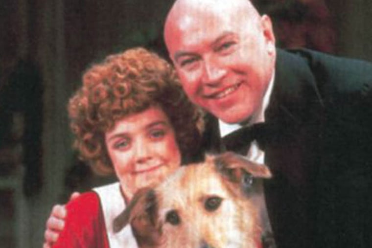 Actors Andrea McArdle as Annie and Reid Shelton as Daddy Warbucks w. Sandy in a scene from the Broadway production.