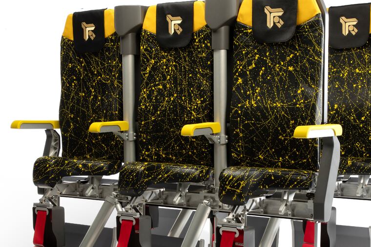 The Skyrider 3.0 airplane seat from Italian manufacturer Aviointeriors. The distance between seats is just 23 inches.