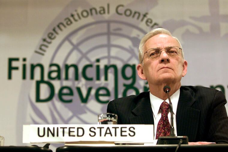 U.S. Treasury Secretary Paul O'Neill holds a news conference at the U.N. Conference for Financing of Development in Monterrey, Mexico. O’Neill, a former Treasury secretary who broke with Bush over tax policy and then produced a book critical of the administration, died Saturday, April 18, 2020. He was 84.