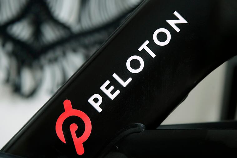 A Peloton logo on the company's stationary bicycle.
