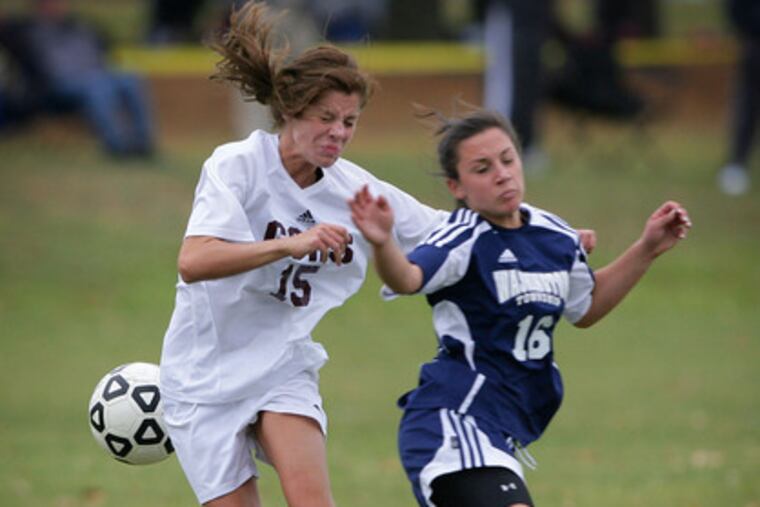 Gloucester Catholic's Chelsea Duffy (left), a top junior, in a collision with Washington Township's Robin Valerio.