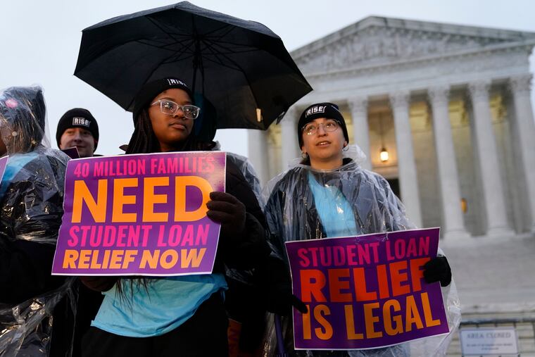 Student debt relief advocates gather outside the Supreme Court on Capitol Hill in Washington, D.C., on Monday.