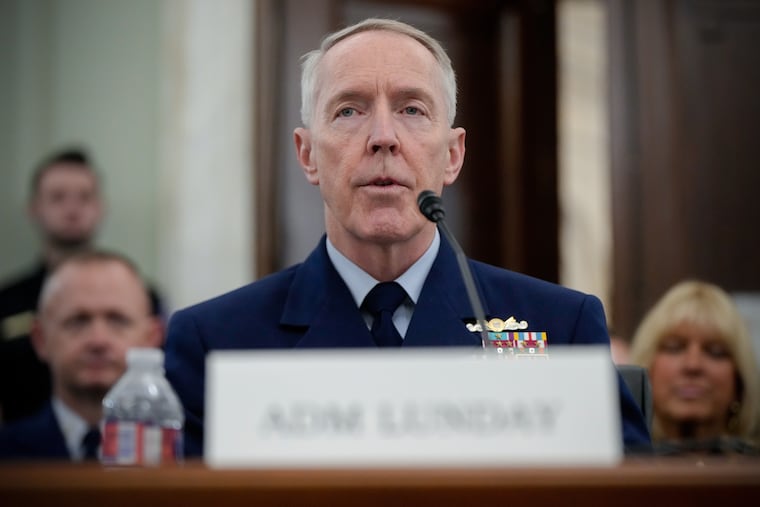Adm. Kevin Lunday, acting commandant of the U.S. Coast Guard, speaks with lawmakers during his Senate confirmation hearing last month.