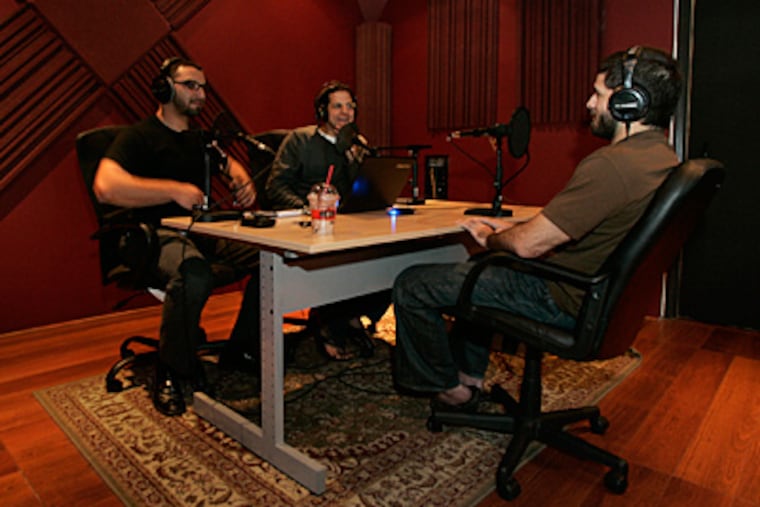 Hosts Amir Mertaban, from left, and Mohamad Ahmad interview Tameem Hamoui during the online radio show "Boiling Point," in Irvine, Cali., Feb. 25, 2010. (Glenn Koenig/Los Angeles Times/MCT)