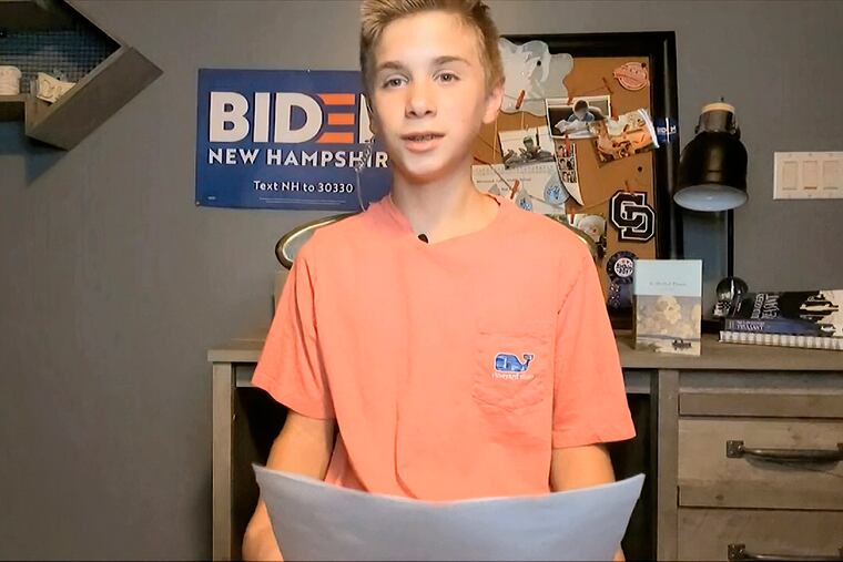 In this image from video, Brayden Harrington speaks during the final night of the Democratic National Convention.