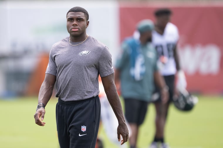 New Eagles acquisition Jakorian Bennett walks down the field during training camp practice at the NovaCare Complex on Tuesday, Aug. 5, 2025
.