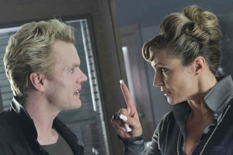 In 'Bullet in the Face,' Alan Spencer's series developed for IFC: Max Williams as archvillain Gunter Vogler, Jessica Steen as Brute City police commissioner Eva Braden.