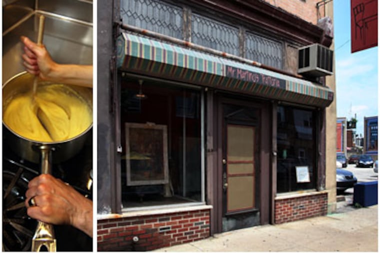 Mr Martino’s, housed in a 19th-century hardware store, offers a refuge from the bustle of East Passyunk Avenue. Co-owner Maria Farnese
stirs polenta in the kitchen (left). "I'm a cook, not a chef," she says. "I cook everything during the day, then reheat it for service." (LAURENCE KESTERSON /
Staff Photographer)
