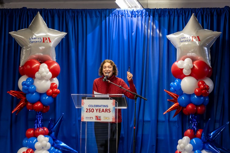 Jane Golden, Mural Arts Philadelphia, speaks at the Bells Across PA event in celebration of America’s 250th Birthday in Philadelphia, Pa., on Friday, Jan. 16, 2026.
