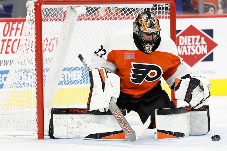 Flyers goaltender Sam Ersson makes one of his 31 saves in Monday's win over the New Jersey Devils.