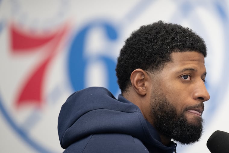 Paul George speaks to reporters for the first time since being hit with a 25-game suspension for improper medication.