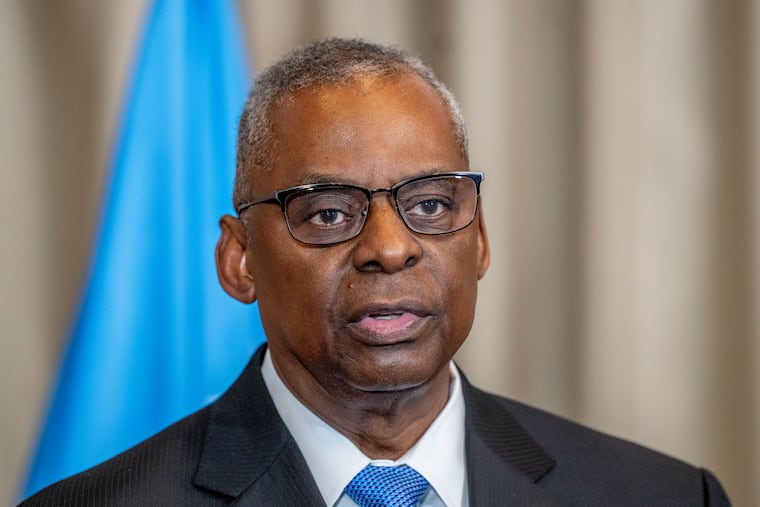 U.S. Defense Secretary Lloyd Austin talks to the media in Ramstein, Germany, on March 19, 2024.