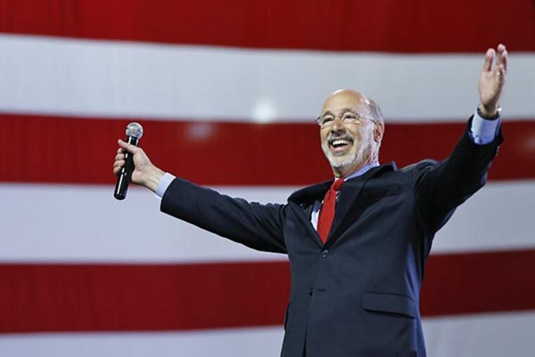 Pennsylvania Democratic gubernatorial nominee Tom Wolf gestures as he speaks to supporters during a primary election night watch party Tuesday, May 20, 2014, in York, Pa. Pennsylvania Democrats have chosen Wolf to challenge Republican Gov. Tom Corbett in the fall. (AP Photo/Matt Rourke)