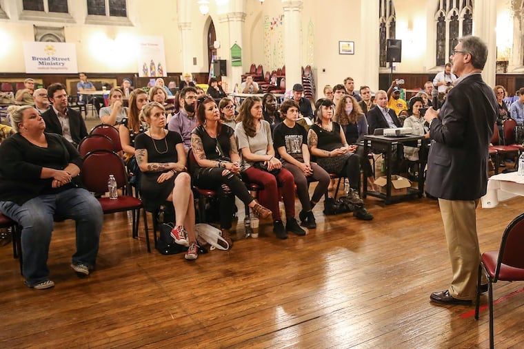 Frank Jones, biblical Seminary, addresses the gathering of the first safe injection site town hall meeting at Broad Street Ministries at. Monday, October 23, 2017. STEVEN M. FALK / Staff Photographer