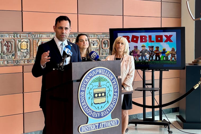 Bucks County District Attorney Joe Khan announced Monday that his office is filing a civil action against the creators of Roblox. Bucks County Commissioner Diane Marseglia (right) said she and her colleagues support the suit.