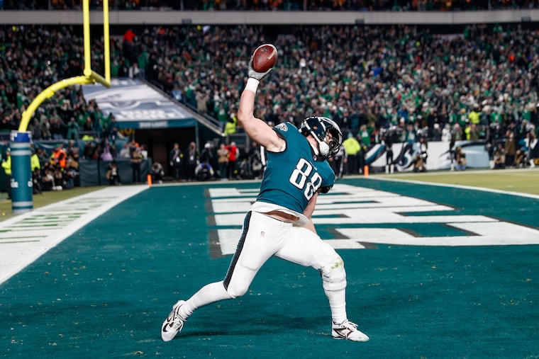Eagles tight end Dallas Goedert celebrates a touchdown during the third quarter of an NFL wild-card playoff game against the Packers Sunday, Jan. 12, 2025, in Philadelphia.