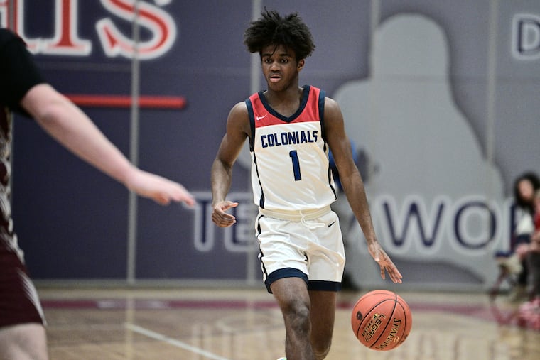 Plymouth Whitemarsh senior Jaden Colzie handles the ball against Abington earlier this season. Colzie announced his commitment to Jefferson on Friday.