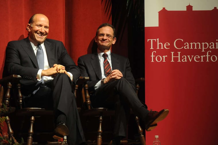 Howard Lutnick (left) with Haverford College president Daniel Weiss on Saturday for the announcement of Lutnick's latest gift to the school - a $25 million donation.