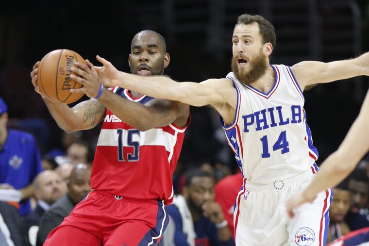 Sixers' Sergio Rodriguez almost steals a pass intended for Marcus Thornton.