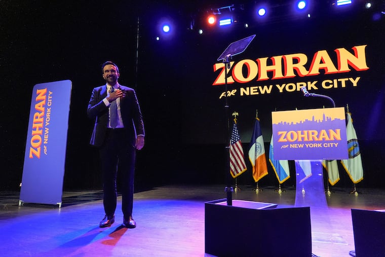 Zohran Mamdani reacts as he walks on stage to make his acceptance speech after winning the mayoral election, Tuesday, Nov. 4, 2025, in New York. (AP Photo/Yuki Iwamura)