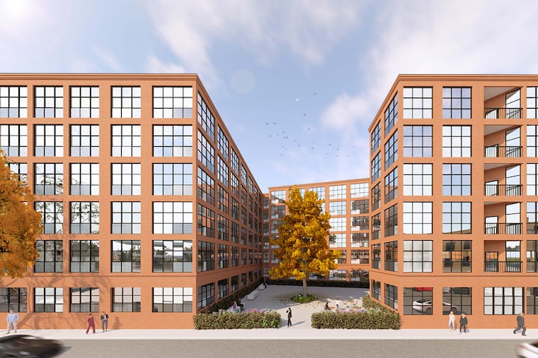 A rendering of the Post Brothers proposed new apartment building, as seen from Germantown Avenue, looking into the courtyard.