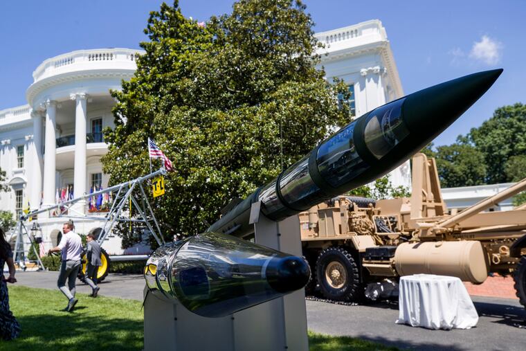 A Terminal High Altitude Area Defense anti-ballistic missile defense system is displayed during a Made in America showcase on the South Lawn of the White House on July 15, 2019, in Washington. (AP Photo/Alex Brandon, File)