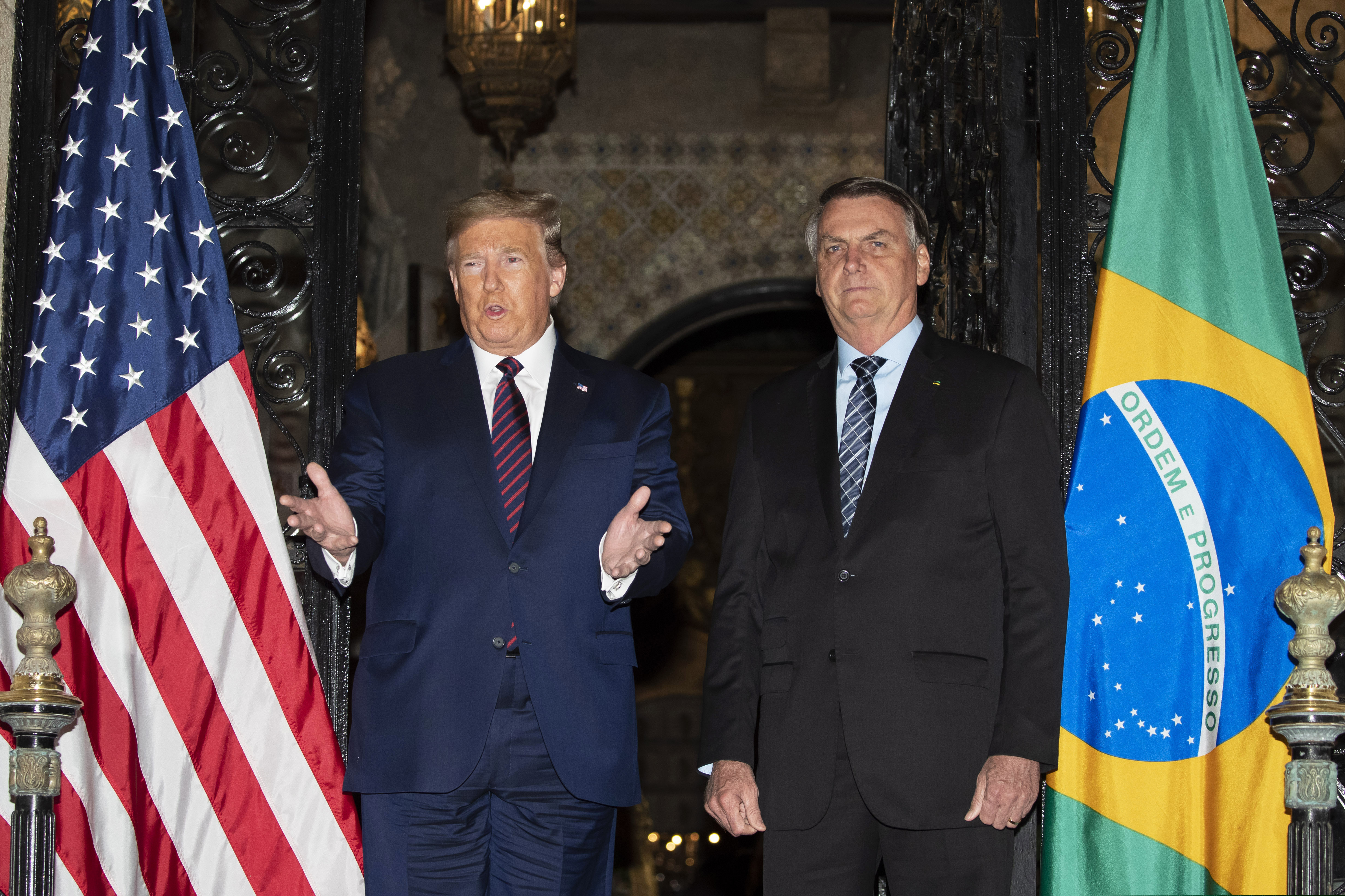 President Donald Trump speaks before a dinner with Brazilian President Jair Bolsonaro at Mar-a-Lago, Saturday, March 7, 2020, in Palm Beach, Fla.