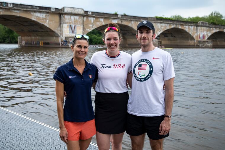 (From left to right) Cara Stawicki, Wolrds Gold Medalist in 2019, Brooke Mooney, Rowed in 2021 Olympics, and John Tanguay, Competed in both U.S. Senior National Team and Paralympic National Team, pose for a portrait by the Scuylkill River during the first day of competitions in the Stotesbury Regatta in Philadelphia, Pa., on Friday, May 20, 2022.