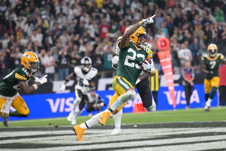 Cornerback Jaire Alexander intercepts a Jalen Hurts pass during last year's season opener at Corinthians Arena in São Paulo, Brazil.