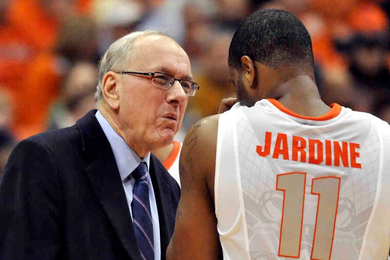 Jardine was cleared of accusations of point-shaving and sexual assault. Above, coach Jim Boeheim reacts against Rutgers.
