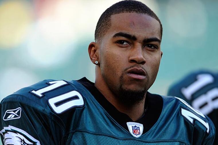 Philadelphia Eagles' DeSean Jackson walks off the field after warming up before an NFL football game against the Washington Redskins, Sunday, Jan. 1, 2012, in Philadelphia. (AP Photo/Michael Perez)
