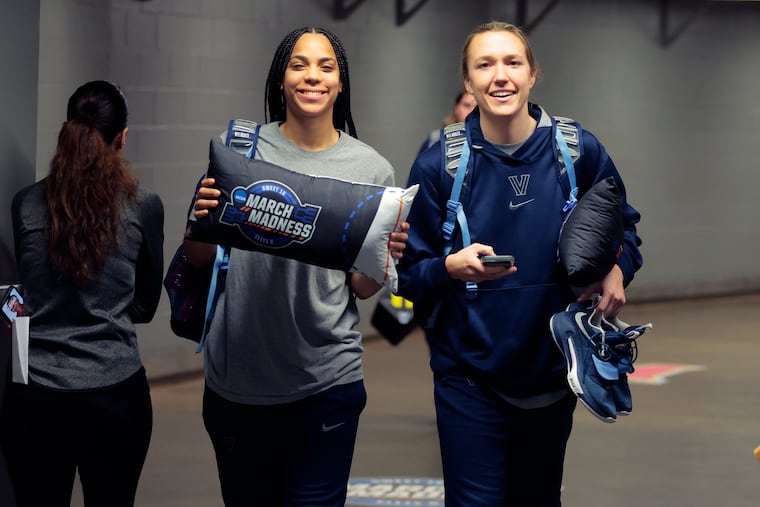 Villanova's Abigail Jegede (left) and Maddie Burke after practice ahead of the Wildcats' Sweet 16 game against Miami.