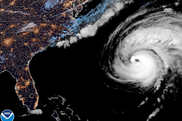 A satellite view as Hurricane Fiona moves up the United States Atlantic coast on Thursday night,